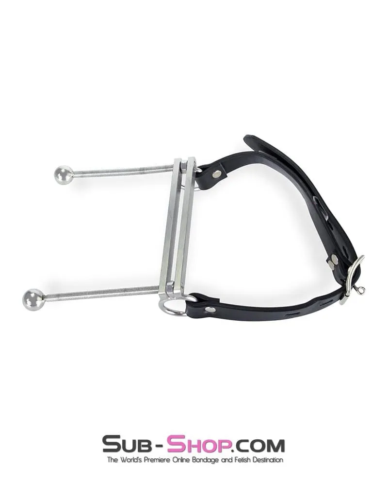 1323M-SIS      Dungeon Mistress Sissy Boi Bondage Tongue Flail Stainless Steel Locking Open Mouth Tongue Trap Gag