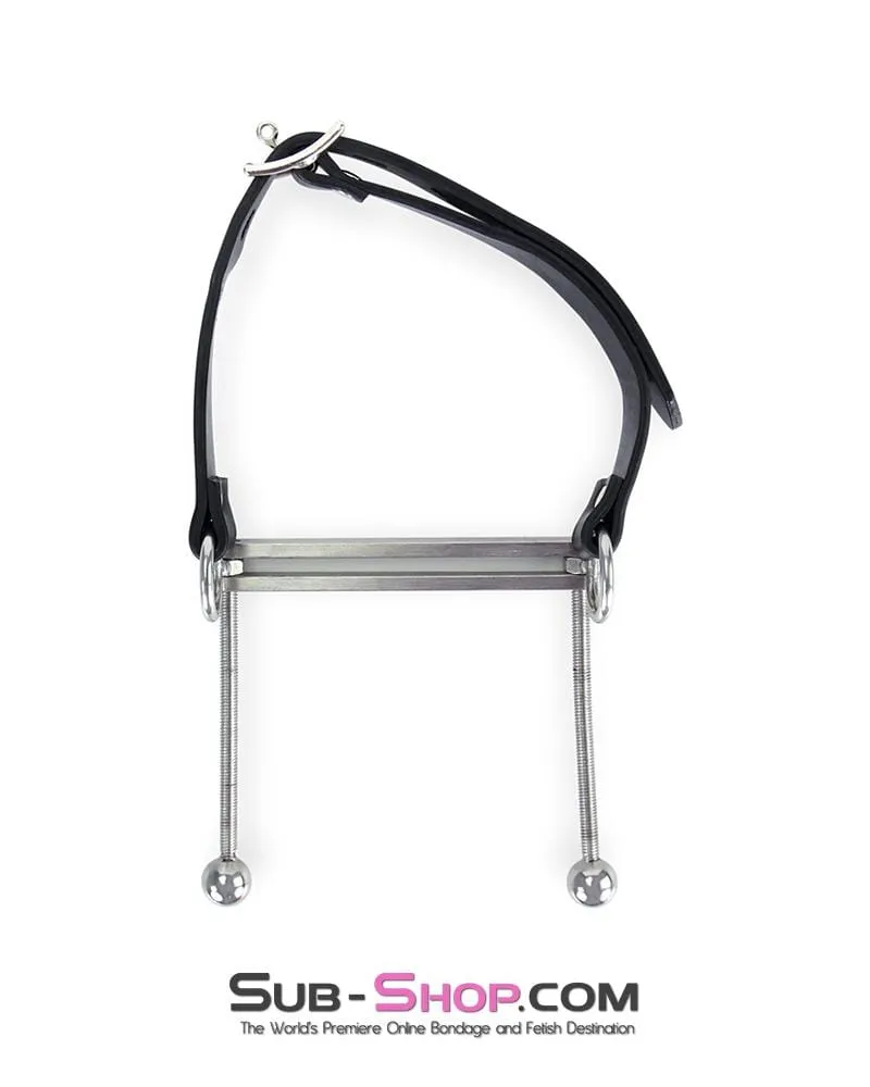 1323M-SIS      Dungeon Mistress Sissy Boi Bondage Tongue Flail Stainless Steel Locking Open Mouth Tongue Trap Gag