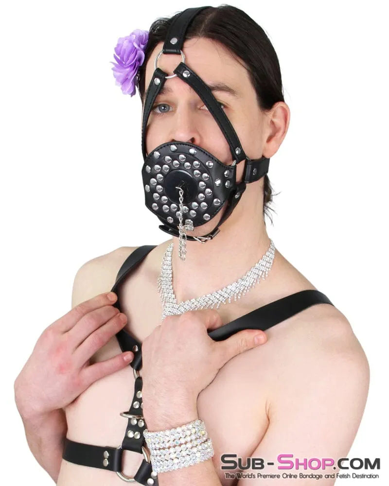 8959DL-SIS      Plug-her Riveted Dominatrix Sissy Open Tube Sissy Bondage Gag Trainer