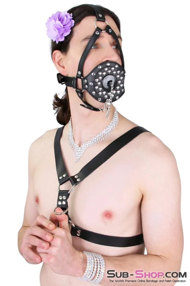 8959DL-SIS      Plug-her Riveted Dominatrix Sissy Open Tube Sissy Bondage Gag Trainer