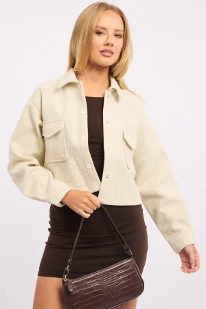 Beige Cropped Shacket Long Sleeve Collared