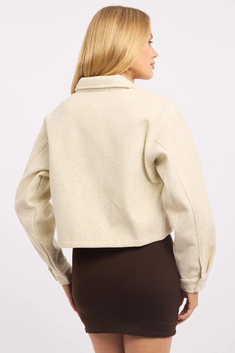 Beige Cropped Shacket Long Sleeve Collared