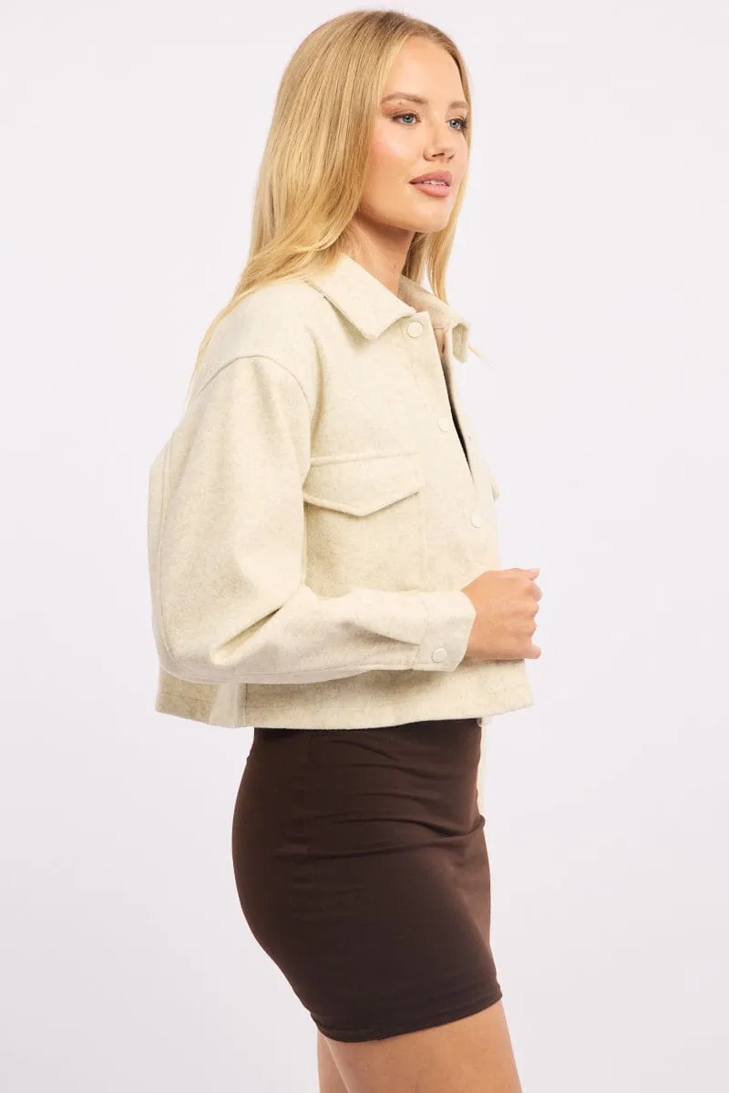 Beige Cropped Shacket Long Sleeve Collared