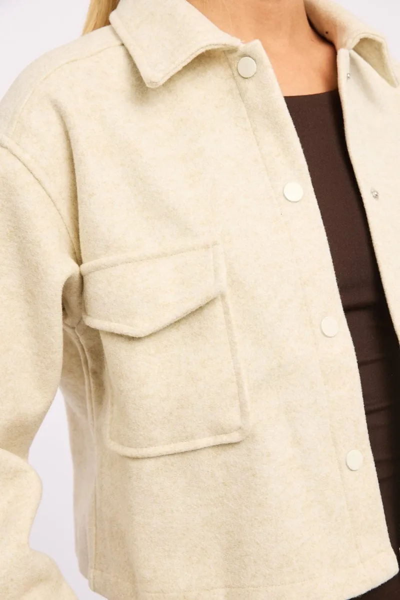 Beige Cropped Shacket Long Sleeve Collared