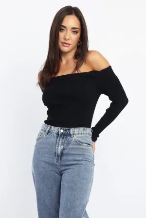 Black Knit Top Long Sleeve Off Shoulder