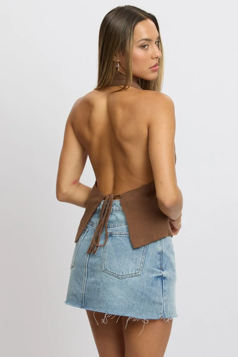 Brown Vest Top V Neck Halter Neck Open Back