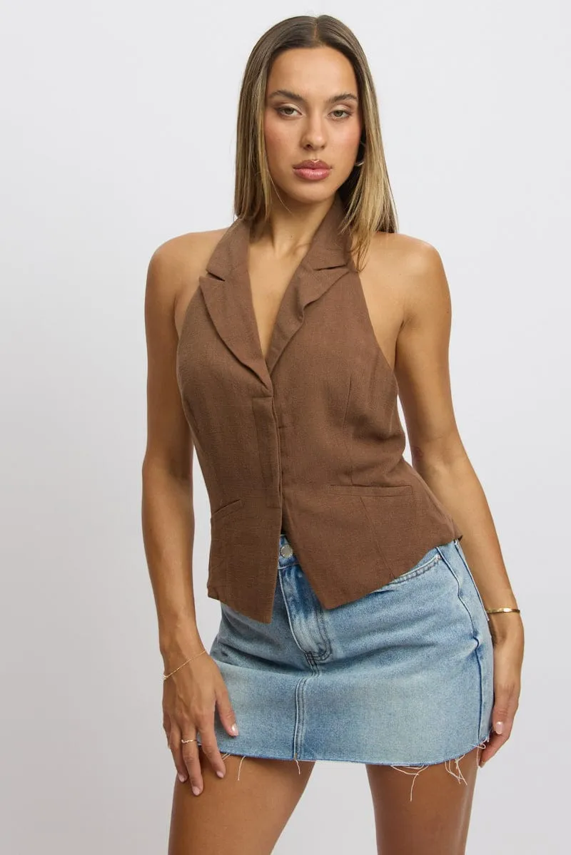 Brown Vest Top V Neck Halter Neck Open Back