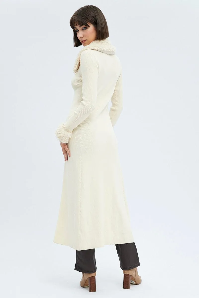 Camel Longline Knit Cardigan Faux Fur Trim Ribbed