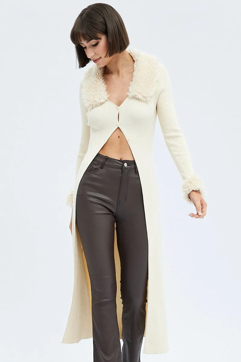 Camel Longline Knit Cardigan Faux Fur Trim Ribbed