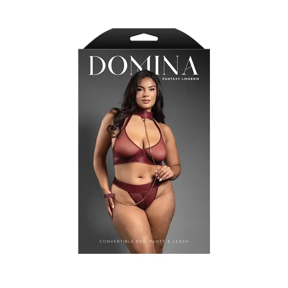 Embossed Faux Leather Convertible Bra with Chain Leash & Open Panty Queen Size