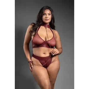 Embossed Faux Leather Convertible Bra with Chain Leash & Open Panty Queen Size