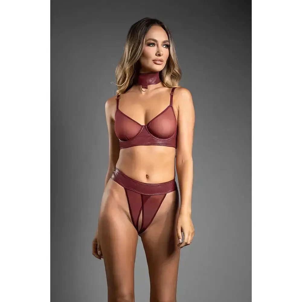 Embossed Faux Leather Convertible Bra with Chain Leash & Open Panty S/M