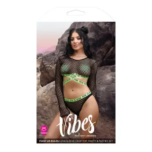 Fantasy Lingerie Vibes Fuck Ur Rules UV Reactive Longsleeve Fishnet Top. Panty. Pasties Black M/L