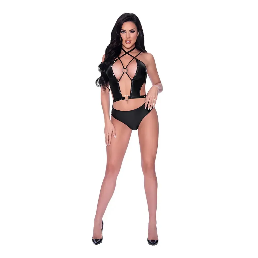 Faux Leather Lingerie Delia Strappy Bustier & Tanga Panty Black S/M