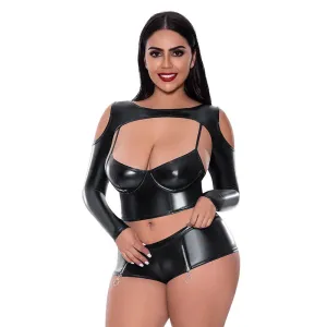 Magic Silk Liquid Onyx Camisole. Longsleeve Shrug & Short Set Black Queen