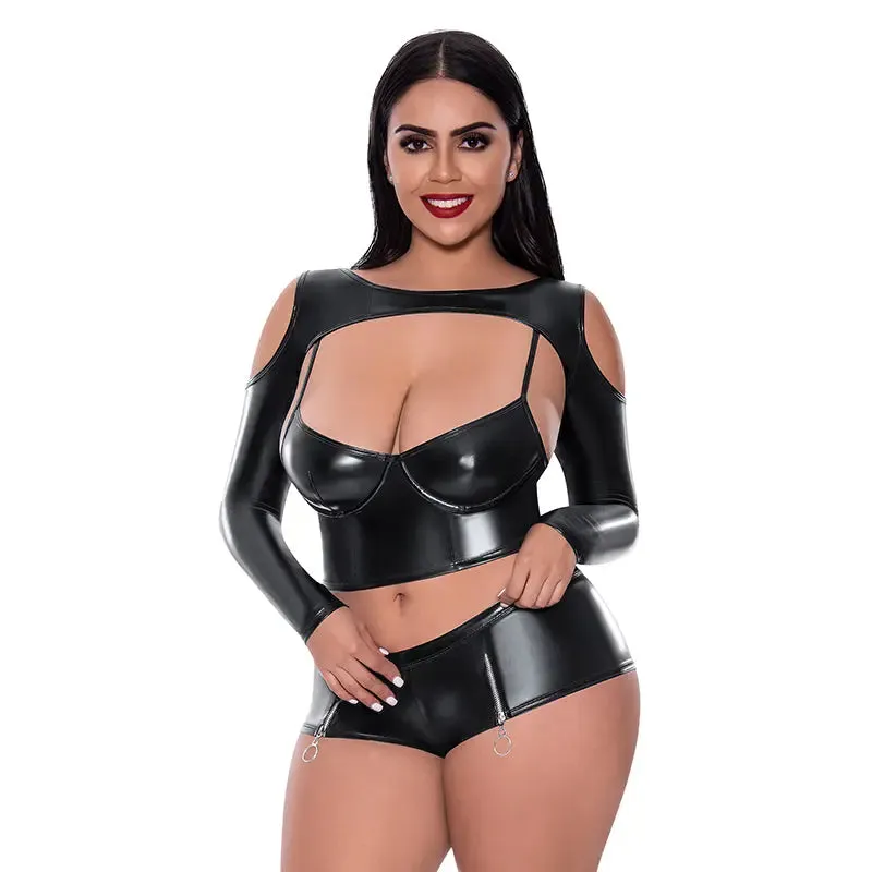 Magic Silk Liquid Onyx Camisole. Longsleeve Shrug & Short Set Black Queen
