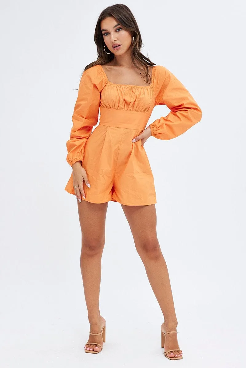 Orange Poplin Playsuit Long Sleeve Tie Back