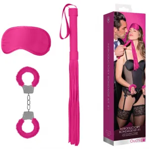OUCH! Introductory Bondage Kit #1 BDSM Mask Cuffs Flogger Set Hot Pink Sex Toy