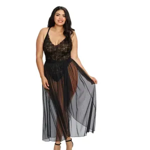 Plus Size Teddy & Sheer Mesh Maxi Skirt With G-String Black XL