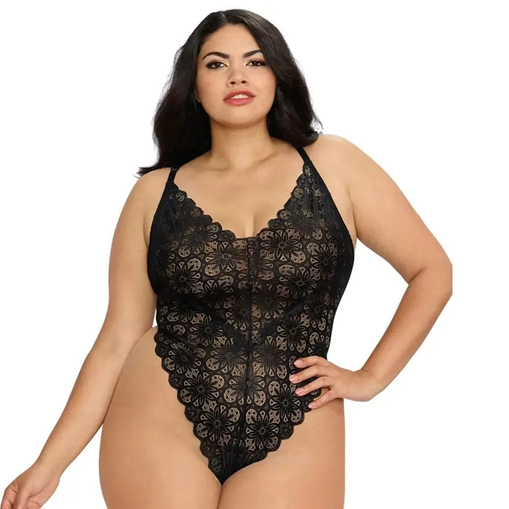 Plus Size Teddy & Sheer Mesh Maxi Skirt With G-String Black XL