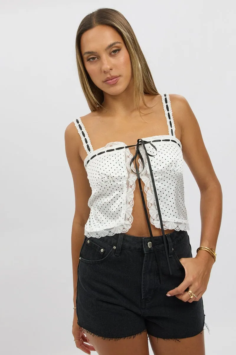 White Polka Dot Cami Top Open Front Ribbon